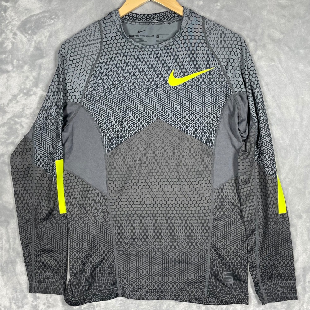 Nike Pro Hyperwarm Fitted Mens Grey Honeycomb Neon Yellow Long Sleeve Top M